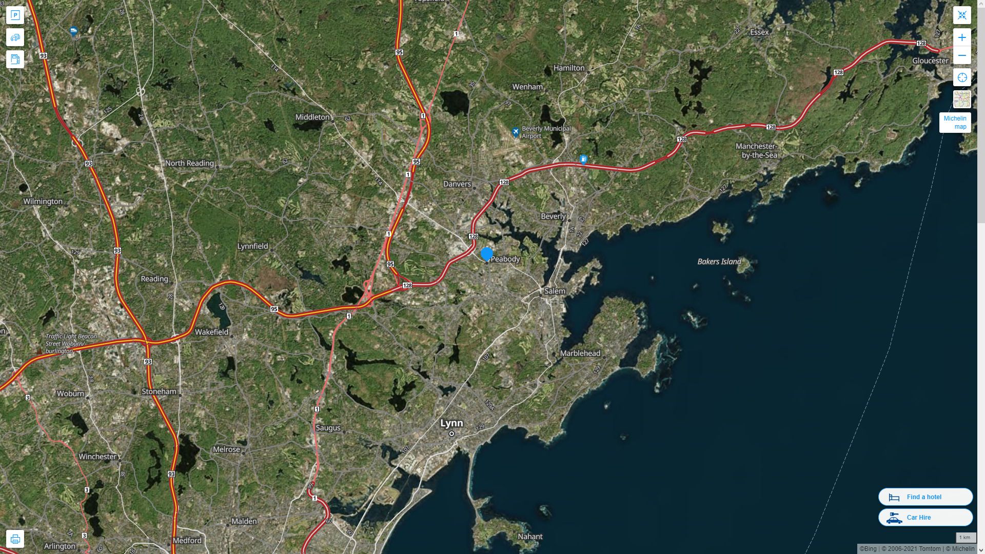 Peabody Massachusetts Highway and Road Map with Satellite View